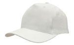 A white breathable poly twill cap with a curved brim and a logo on the front.