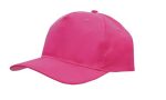 A pink breathable poly twill cap featuring a rounded crown and a curved brim, with a logo on the front.