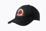 A black breathable poly twill cap featuring a circular logo on the front.