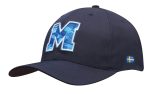 A navy breathable poly twill cap featuring a large letter 'M' and a small flag detail.