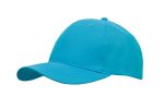 A breathable poly twill cap in a vibrant turquoise colour, featuring a curved brim and a logo.