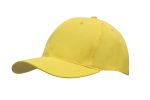 A yellow breathable poly twill cap with a curved brim and ventilation eyelets; features a logo on the side.