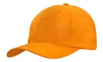 An orange breathable poly twill cap with a rounded crown and a curved brim, featuring a logo.