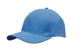 A breathable poly twill cap in light blue with a curved brim and ventilation holes, featuring a logo.