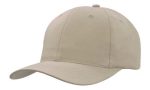 A breathable poly twill cap in a light beige colour with a curved brim and a logo on the side.