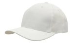A breathable poly twill cap in white, featuring a rounded crown and a curved peak. It has a logo on the side.