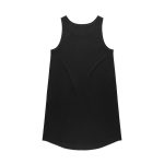 A black sleeveless dress with a slightly curved hemline and a simple design. It features a branding logo.