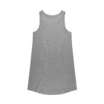 A grey sleeveless dress with a rounded hem and a simple design. Features a brand logo.