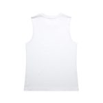 A white sleeveless tank top featuring a simple design and a branding logo.