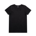 A black t-shirt with a round neckline and short sleeves. The shirt has a logo on the label.
