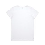 A white t-shirt with short sleeves and a plain back. Includes a branding logo.