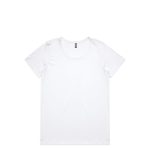 A white T-shirt with a round neckline, featuring a branding logo. Simple and plain design.