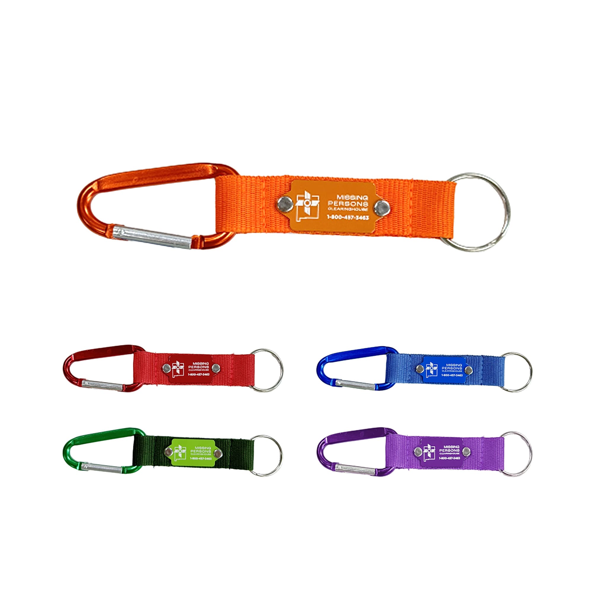 A selection of carabiner keyrings in orange, red, green, blue, and purple, featuring a logo on each. Carabiner Keyring - Image 1