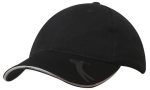 A black cap featuring a curved peak and an embossed logo on the front. The design includes a contrasting trim.
