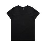 A black V-neck tee featuring short sleeves and a simple design. It has a branding logo on the label.