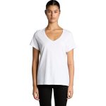 A white V-neck T-shirt with short sleeves, featuring a logo on the hem.