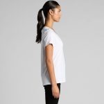 A white V-neck T-shirt is displayed, featuring a relaxed fit and short sleeves. It has a logo on the side.