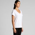 A white V-neck tee displayed on a model, featuring short sleeves and a relaxed fit.