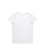 A white V-neck t-shirt with short sleeves and a logo.