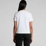 A white women's t-shirt with a cropped design, featuring a logo on the back.