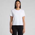A white T-shirt with a classic fit, featuring short sleeves and a round neckline. It includes a logo.
