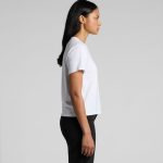 A white T-shirt with short sleeves, featuring a side view of the garment and a model. The shirt has a logo.