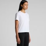 A white t-shirt featuring short sleeves and a relaxed fit, showcased on a model against a neutral background.