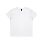 A white short-sleeved T-shirt with a round neckline and a logo at the collar.