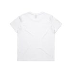 A white T-shirt featuring a plain design, with a logo on the back and short sleeves.