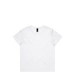 A plain white t-shirt with a round neckline and short sleeves, featuring a logo on the label.