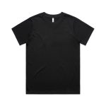 A black T-shirt with a classic fit, featuring a round neckline and short sleeves. It has a logo on the label.