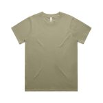 A light olive green t-shirt with a round neckline, featuring a logo on the label.