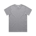 A plain grey T-shirt with short sleeves, featuring a tag inside the neckline and a logo on the hem.