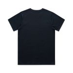A black t-shirt featuring a simple design and a logo on the back.