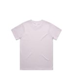 A light purple t-shirt displayed flat, featuring a simple design and a tag inside the collar. It has a logo.