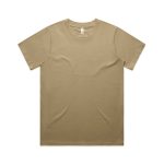 A plain khaki T-shirt featuring a crew neck and short sleeves, with a logo on the label.