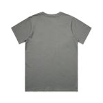 A grey T-shirt with a plain back, featuring a branding logo on the back neckline.