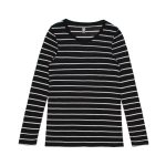 A long-sleeve tee in black and white stripes with a round neckline and a logo.
