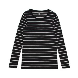 A long-sleeve tee in black and white stripes with a round neckline and a logo.