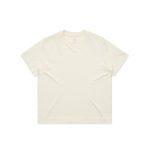 A plain beige T-shirt with a classic crew neckline and short sleeves. It features a small logo.