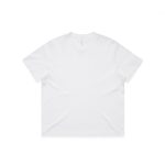 A plain white t-shirt with a relaxed fit, featuring a logo on the label.