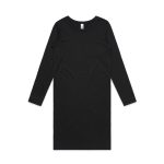A long-sleeved dress in black, featuring a simple, straight design and a label at the neckline.
