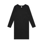 A black long-sleeve dress with a simple, sleek design and a tag featuring a logo.