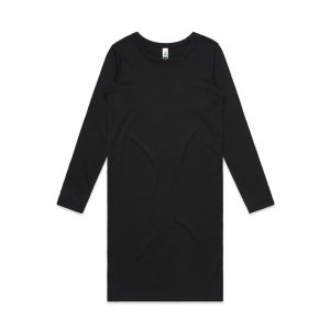 A black long-sleeve dress with a simple, sleek design and a tag featuring a logo.