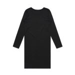 A black long-sleeved dress featuring a simple, fitted design and a back view. It has a logo present.