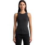 A fitted, faded organic rib tank in dark grey. The model stands against a white background, showcasing the shirt's design.