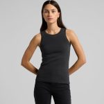 A fitted, black rib tank top with a round neckline and sleeveless design, featuring a small logo.