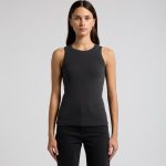 A fitted rib tank in faded black, featuring a rounded neckline and a subtle logo, worn with black jeans.