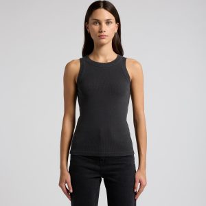 A fitted rib tank in faded black, featuring a rounded neckline and a subtle logo, worn with black jeans.