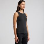 A fitted black rib tank top with a sleeveless design, featuring a logo on the side.